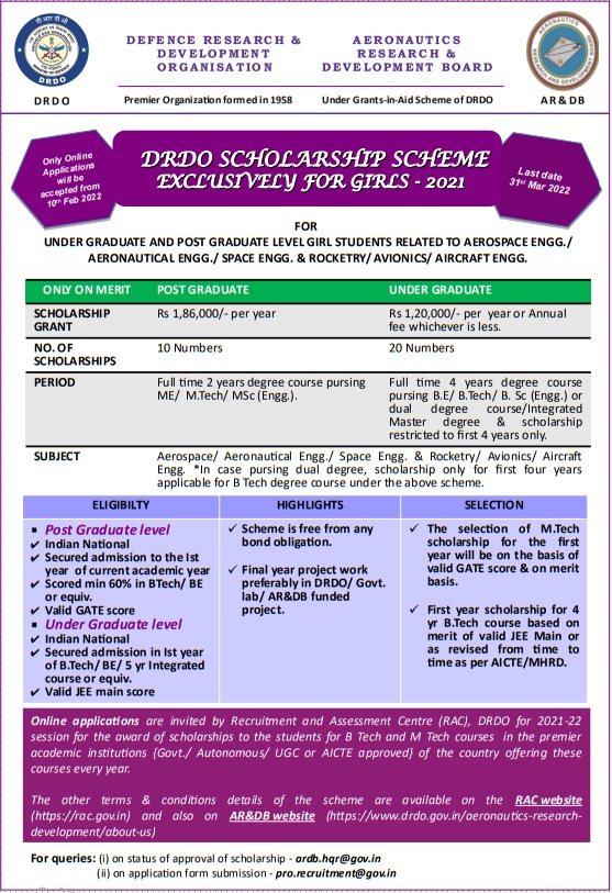 DRDO Scholarship Scheme for Girls