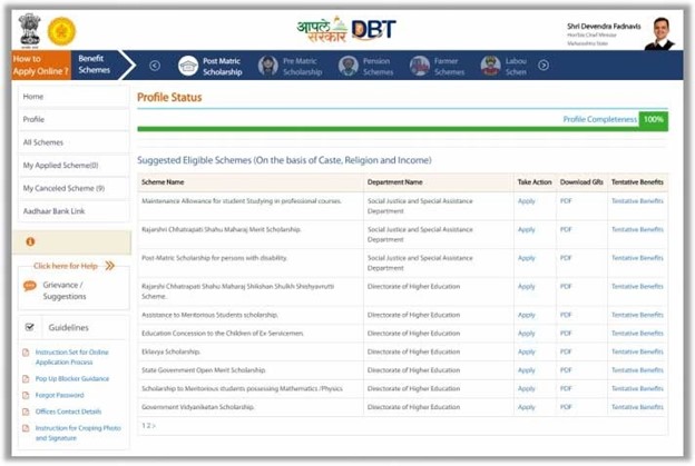 MahaDBT – applicants can see the dashboard with available scholarships listed on it